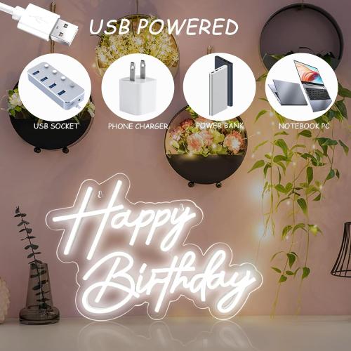 Happy Birthday Neon Sign for Wall Decor, 17×12 Inch White Led Neon Light Signs, Art Decoration Happy Birthday Neon Light Sign for All Birthday Party Decoration with 2 Pcs Pasters