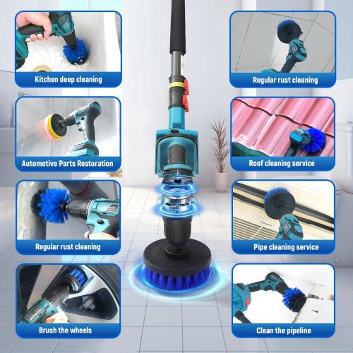 (Missing drill bit) 2-in-1 Cordless Telescoping Pole Drill, 20V Max Power Drill Cleaning Tool with 2 Batteries & 2.0A Charger, 5.3-15FT 180° Adjustable Extension Pole, Comes with 7 Pieces Drill Brush Attachments