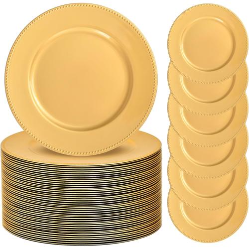 Gold 50 Pack Charger Plates Large Plastic Round Charger Plates Dinner Plate With Beaded for Wedding Table Dinner Kitchen Easter Catering Event Party Decoration