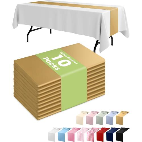 Pureegg Gold Plastic Table Runners - 10 Pack, 14'' x 108'', Water Resistant & Disposable Centerpiece Decorations for Table Cloth, Wedding, Birthday, Holiday, Baby Shower, Party, Home Decor
