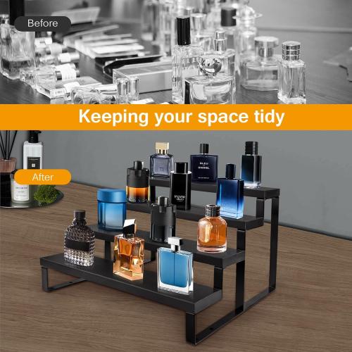 Wood Cologne Organizer for Men,12 Inch 4 Tier Cologne Stand Waterproof Perfume Organizer for Dresser with Anti-Slip Washers,Wooden Display Risers Stand for Party,Makeup,Figures,Cupcake,Perfume,Dessert
