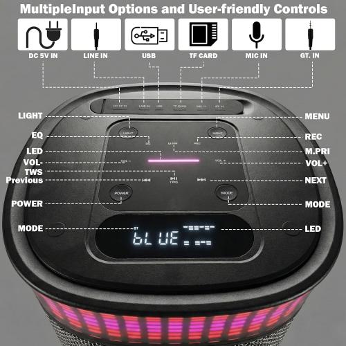 Large Party Speaker with Dual 6.5 Inch Woofers, 200W Peak Powerful Sound, TWS & 6 EQ Modes, Type-C Charging, LED Light Show, Wireless Microphone for Outdoor Parties