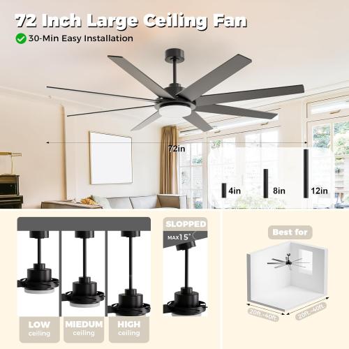Black 72 Inch Ceiling Fans with Lights and Remote, Outdoor Indoor Black LED Big Ceiling Fan Reversible 24db Quiet DC Motor, 6 Speed 3CCT Dimiable, Modern Ceiling Fans for Patios Living Room Farmhouse Garage