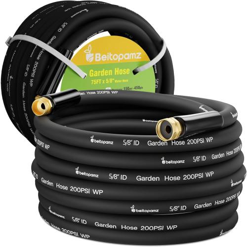 Beitopamz Garden Hose 75 ft x 5/8 in Heavy Duty Water Hose, Flexible and Durable, Lightweight Rubber Hybrid Hose, Leak-Free Connections, Male to Female 3/4'' Brass Fittings for Patio, Lawn, Black