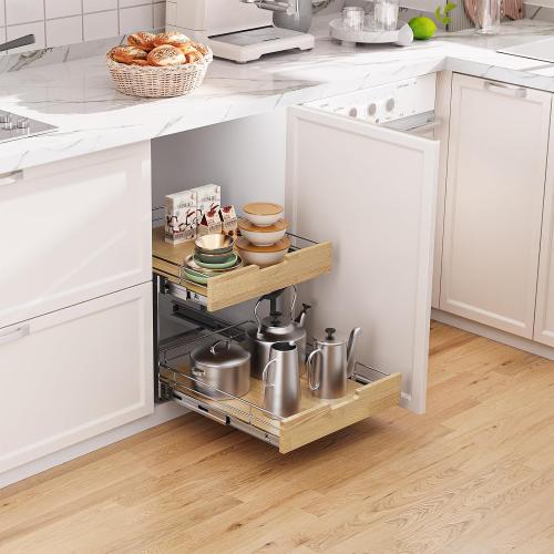 Pull Out Cabinet Organizer,Heavy-Duty Slide Out Shelf, Wood and Wire Basket, Pull Out Drawer for for Kitchen Under Sink Space, Pantry, Bathroom, 2 Tie 26 * 21 in