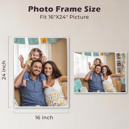16 x 24 Acrylic Picture Frame, Horizontal/Vertical Clear Photo Frame for Wall with Tape, No Drilling Floating Hanging Frameless Picture Frame, Wall Mount Sign Holder 16x24 for Home, School, Office