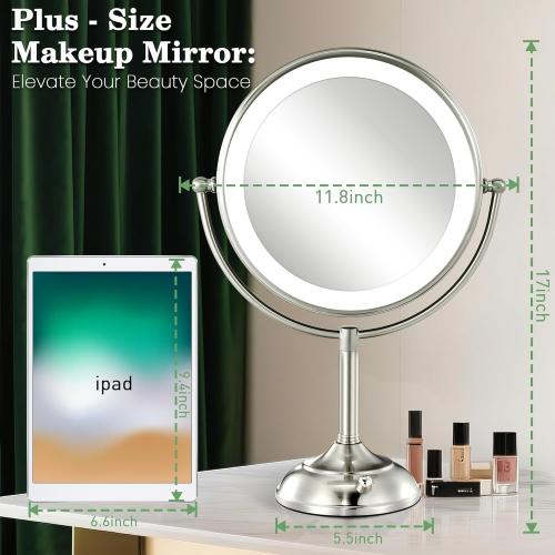 VESAUR 11.8 Extra Large 17 Tall Lighted Makeup Mirror, 1X/5X/10X 3-Sided Magnifying Mirror with 96 LEDs, 3 Color Dimmable Lights, 360° Swivel Dual Power Vanity Mirror, Nickel Finish Luxury Gift Box