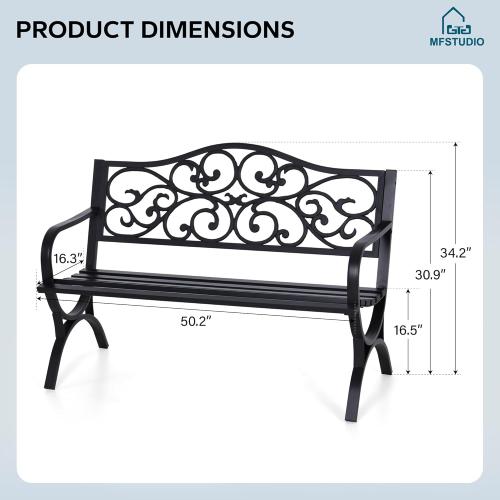 MFSTUDIO 50 Inches Outdoor Garden Bench, Cast Iron Metal Frame Patio Park Bench with Floral Pattern Backrest, Arch Legs for Porch Lawn Garden Yard(Black)
