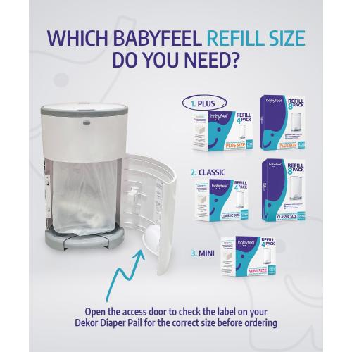 Babyfeel Refills Compatible with DEKOR PLUS Diaper Pails | 4 Pack | Exclusive 30% Extra Thickness | Diaper Pail Refills with Powerful Odor Elimination | Fresh Powder Scent | Holds up to 2320 Diapers