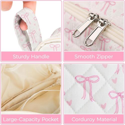 Quilted Pencil Pouch for Girls Women, Large Pencil Case Pouch with Compartments Cute Aesthetic Pencil Case Organizer, Floral Pencil Bag for School Supplies (Pink Bow)