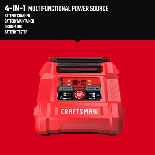 CRAFTSMAN 12A Car Battery Charger and Maintainer, 4-in-1 Solution, Battery Tester, for 6V/12V Power Sport, Automotive, and Marine Batteries, CMXCESM258