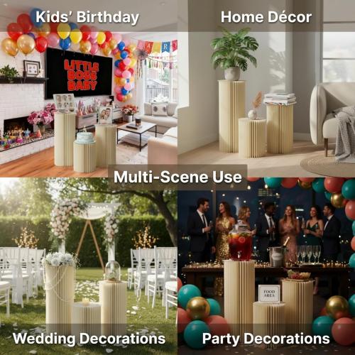 Cylinder Stands for Party, Shape&Use 5PCS Round Cream White Pedestal Display Stands, Foldable Cardboard Columns for Wedding, Birthday, Anniversary Decor, 11.8in Dia. (15.7*2/23.6/31.5*2in H) with Storage Bag