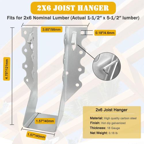[25 Pack] 2x6 Joist Hanger, 18 Gauge LU26 Galvanizing Face Mount Joist Hangers, Wood Hurricane Ties, Rafters Tie