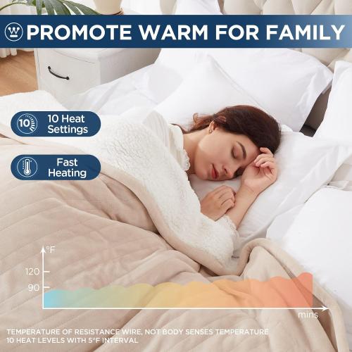 Westinghouse Electric Blanket Twin, Heated Blanket Twin Size with 10 Heating Levels and 1 to 12 Hours Heating Time Settings, Flannel to Sherpa Reversible, Machine Washable (62 x 84, Beige)
