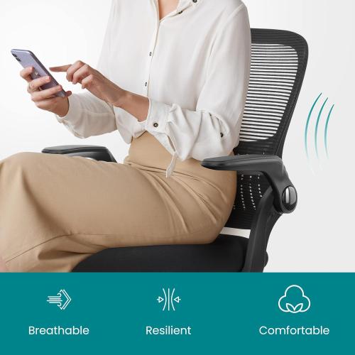 Smug Home Office Desk Chair - Ergonomic Mid-Back Computer Task Chair with Comfy Lumbar Support, Mesh Rolling and 360° Swivel, Flip-up Armrest for Home, Bedroom, Gaming, Study, Student, Black