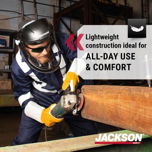 Black Jackson Safety Lightweight MAXVIEW Premium Face Shield - Mask with 370 Speed Dial Ratcheting Headgear, ANSI Z87.1, for Work, Grinding, Cutting - Anti Fog Coating - Clear Tint