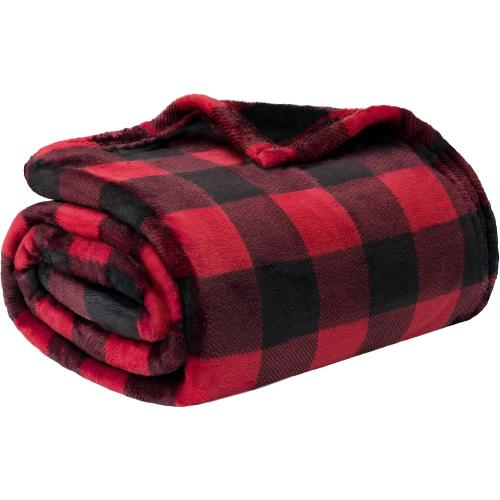 PAVILIA Black and Red Buffalo Plaid Fleece Throw Blanket for Couch, Soft Checkered Flannel Blanket for Sofa, Plaid Christmas Couch Throw Bed, Warm Cozy Decorative Blanket Fall Decor Gift, 90x90