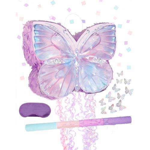 Butterfly Pinata Set - Purple Crystal Butterfly Pull String Piñata with Blindfold, Bat, Confetti for Birthday Fairy Party Decorations (16.1'')