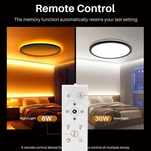 15 Inch LED Flush Mount Ceiling Light with Remote, 36W 3600LM 1800K/2700K/4000K/6500K Dimmable Ceiling Light with Night Light Low Profile Ceiling lights for Bedroom, Dining Room, Living Room-Black