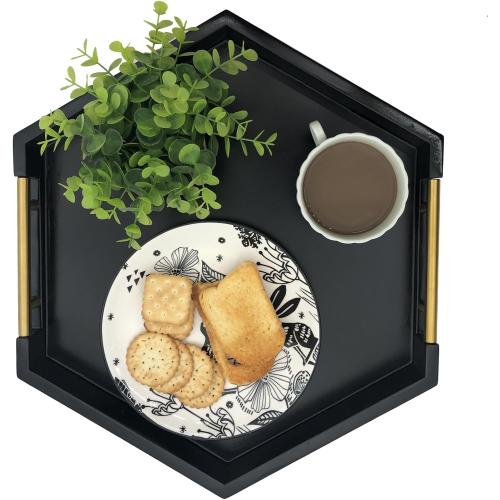 Serving Tray with Polished Metal Handles, Hexagon Coffee Table Tray, Modern Rectangle Decorative Tray, Large Ottoman Tray, Perfect for Storage and Display (Black Hexagon)