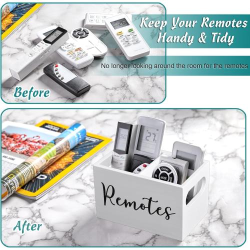 DRASTAR Rustic White Remote Caddy, 2-Compartment TV Remote Holder & Organizer for Nightstand, Bedside Table, Living Room, Office