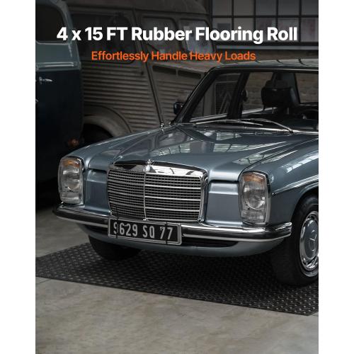 VEVOR Rubber Flooring Roll, 4 x 15 ft SBR Diamond-Plate Rubber Mat, 3mm Thickened, Easy to Clean, Customizable Size, Non-Slip Floor Protector Mat for Under Cars, Garage, Warehouse, Industry Gym, Black