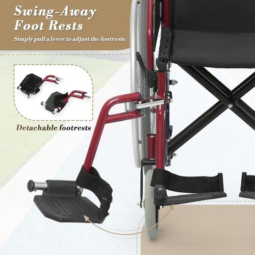 Athena Collection Wheelchair for Adult, Foldable Transport Wheelchair with 17 Width Seat 23.5 Rear Wheel, Wheel Chair with Flit-Back Armrest Swing-Away Footrest and Brake, Support 300 Lbs, Red