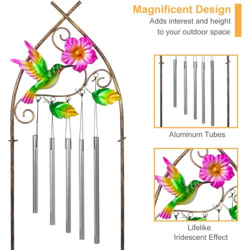Garden Trellis with Plant Stands, 48” Metal Detachable Hummingbird Plant Pot Trellis with Wind Chimes for Climbing Plants Outdoor Lawn Patio Porches Decor