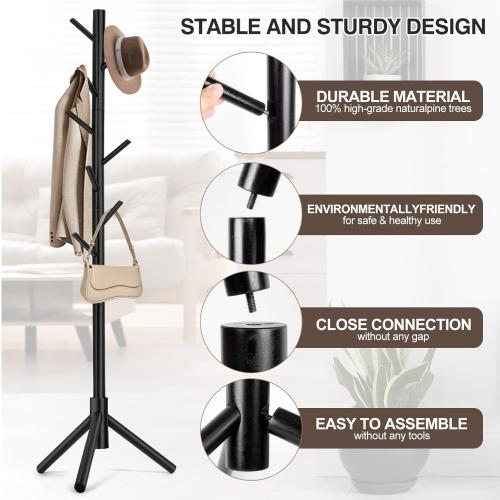 Coat Rack, Freestanding Coat Rack with 8 Hooks and 3 Adjustable Size Tree Coat