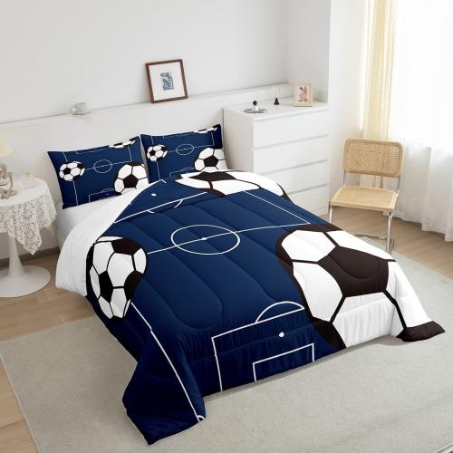 jejeloiu Football Comforter Set Twin Size Kids Soccer Ball Pattern Comforter for Boys Girls Teens Sports Theme Bedding Set Breathable Football Court Duvet Set Room Decor Quilt Set