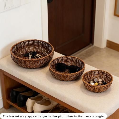 Set of 3 Small Round Wicker Baskets, Fruit Bread Baskets for Serving, Handwoven Rattan Bowl Storage Organizer for Kitchen Brown