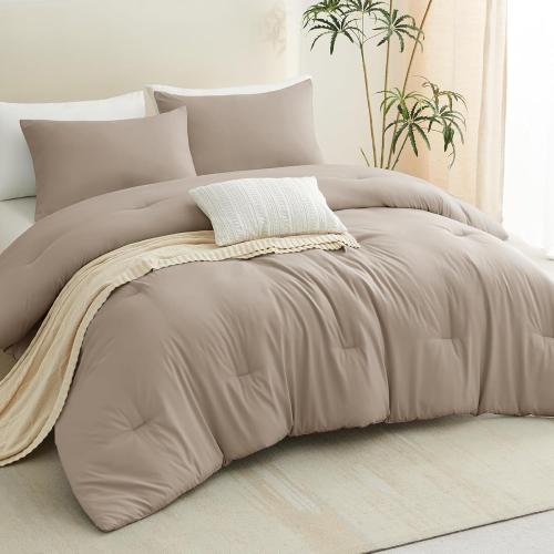 CozyLux Queen Comforter Set Khaki, 3 Pieces Lightweight Comforters Queen Size Quilted Bedding Sets, All Season Breathable Solid Down Alternative Comforter with 2 Pillowcases, Bed Set Gift for Home