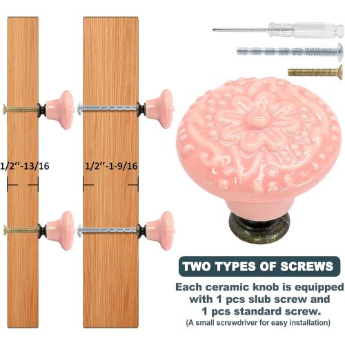 Biaungdo 6 Pcs Pink Ceramic Kitchen Cabinet Knobs and Pulls, Retro and Vintage Round Drawer Knobs for Cabinet, Drawer, Cupboard and Closet Door Handles
