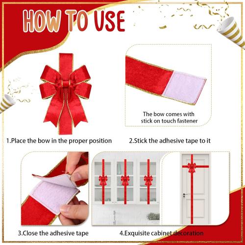 XunYee 15 Pcs Glitter Large Christmas Cabinet Ribbons Bows Thick Velvet Festive Xmas Bow Edge Burlap Door Decoration for Christmas Tree Fireplace Kitchen Gift Wrapping(Red)