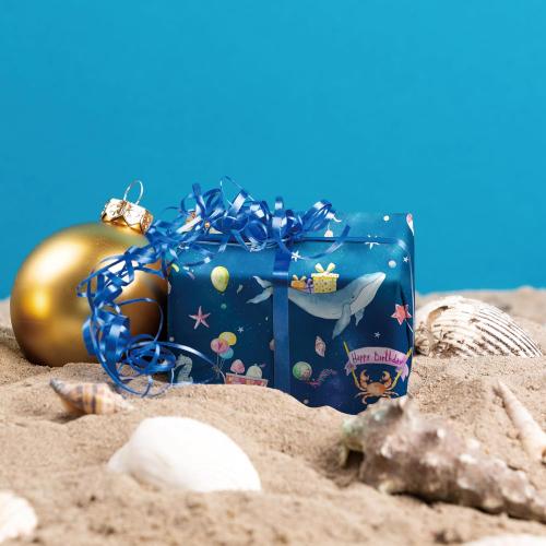 SaringSwoon Ocean Birthday Wrapping Paper for Boys Girls Kids - Navy Blue Gift Wrap with Whales, Octopus, Seahorse and Happy Birthday on Galaxy Design for B-Day Baby Shower - 40×28 Inches, 4 Sheets