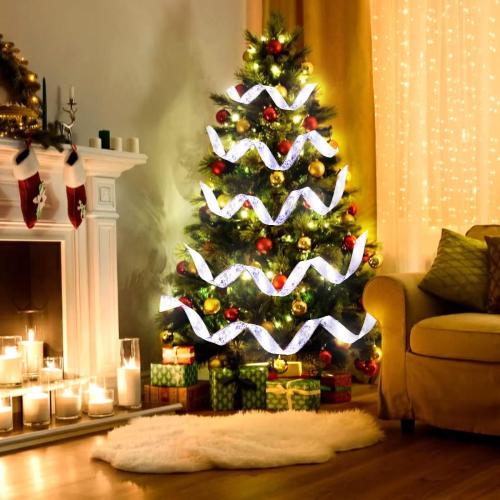 Silver Christmas Tree Ribbon Light Wired Christmas Ribbon Decoration 32ft (2X16ft) Swirl Sheer Wired Christmas Ribbon Sheer Glitter Ribbon for Christmas Tree