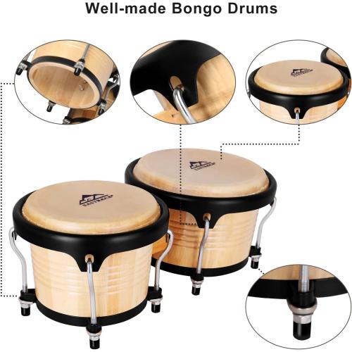 EASTROCK Bongo Drums 7” and 9” Set for Adults Beginners Professionals Tunable Wood and Metal Drum Percussion Instruments with Tuning Wrench(7” 9” Bongos)