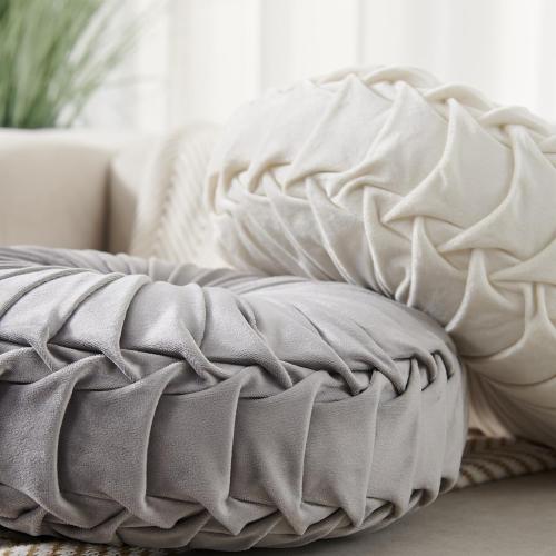 Round Throw Pillow Velvet Home Decoration Soft Pleated Pumpkin Round Floor Cushion for Couch Chair Bed Car Decorative (Light Green14inch)