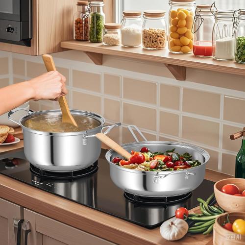 GOFLAME 12 Piece Pots & Pans Set, Stainless Steel Cookware Set with Tempered Glass Lids, Handles & 3-Ply Base, 4 Stockpots, 1 Frying Pan & 1 Sauce Pan for Stovetop, Induction, Halogen