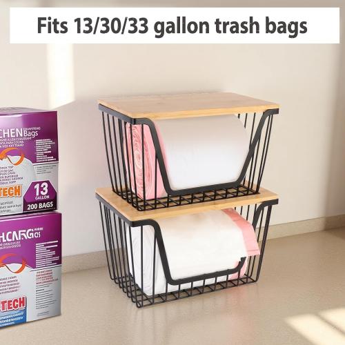 2 Pack Storage Stackable with Bamboo Top for Kitchen Laundry Room Organizers, Large Trash Bag Holder and Garbage Bag Dispenser
