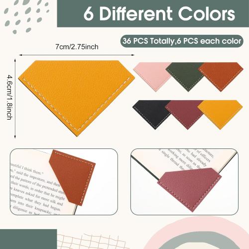 36 Pcs Leather Corner Bookmarks Diamond Shape Handmade Reading Gifts for Women Book Lovers Teachers Students School Office Home Supplies, 6 Colors