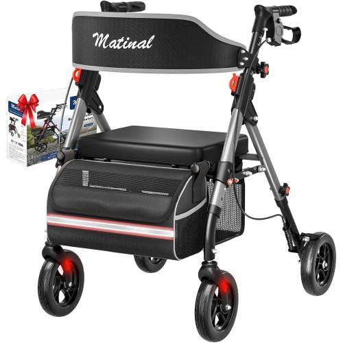 Walkers for Seniors, Rollator Walker with Seat, Walkers for Seniors with seat, 350 lb Capacity,with 8'' Big Wheels, Rolling Walker (Silver)