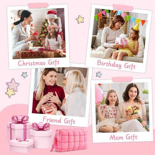 Puffer Quilted Makeup Bag Cosmetic Bags,Puffy Travel Toiletry Pouch for Women,Cute Checkered Zipper Bag Travel Essential,Portable Aesthetic Make up Organizer Bag for Gifts Work Daily(Pink,M)