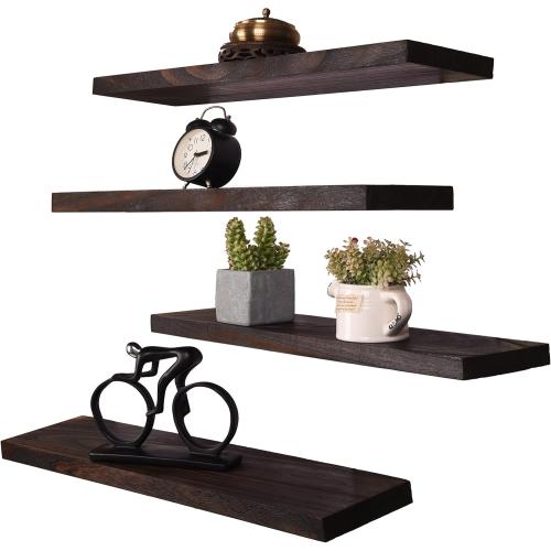 Wood Floating Shelves for Wall, Wooden Wall Shelves for Bedroom, Wall Mounted Shelves for Living Room, Set of 4 Brown 24 Inch