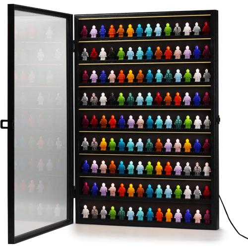 SIXPOINTS LED Minifigures Display Case-Wall Mount Miniature Action Figure Display Cabinet Holder-Holds 126 Figure Men Miniatures Collection-Lockable (Black Wood Finish)