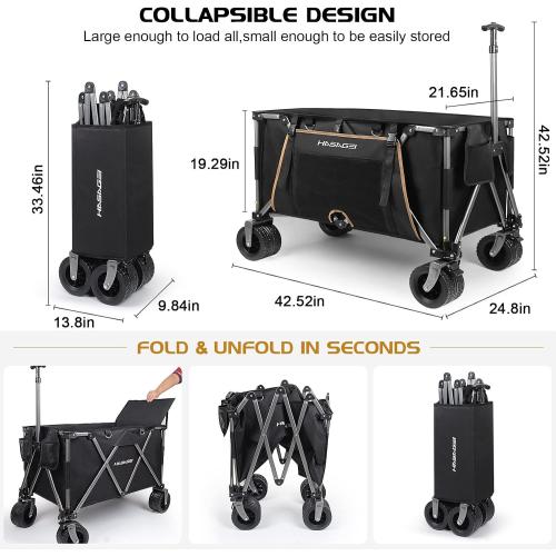 Collapsible Wagon Cart Outdoor 8.48 Cubic Feet Folding Utility Wagon 330 lbs Capacity Heavy Duty Beach Wagon with Big Wheels for Camping Beach Garden