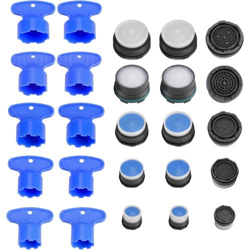 25 Pcs Kitchen Faucet Aerator, Replacement Inserts for Sink Tap Flow Restrictor, Efficient 15 Cache Aerators with 10 Key Removal Wrench Tool for Bathroom Kitchen (M16.5 18.5 21.5 22.5 24 mm)