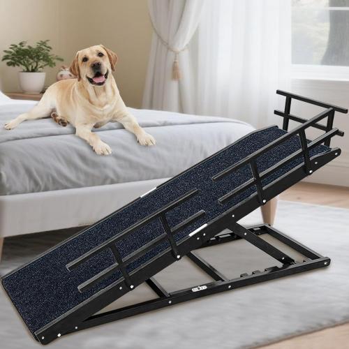 Dog Ramp for Bed - 65 Length, Supports up to 32 Height,Includes Non-Slip Replaceable Carpet, Safety Rails & Landing Platform,Adjustable & Foldable Pet Ramp for Large/Senior Dogs to Get on Bed-Black