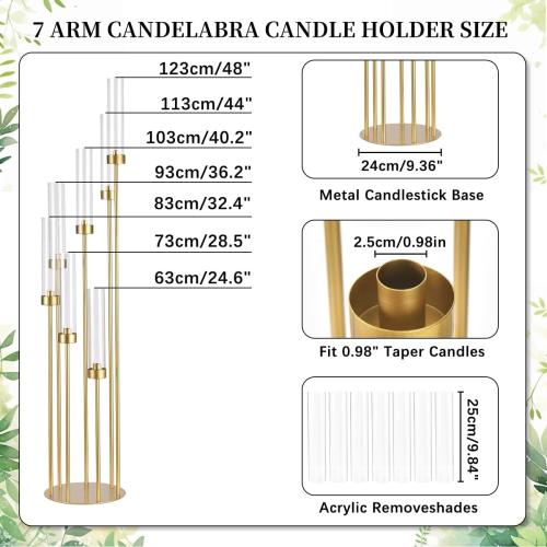2Pcs Gold 7 Arm Candelabra Candle Stand for Wedding, Metal Candlestick Holder with Acrylic Lampshade for Theme Party Table Centerpieces Wedding Holiday Birthday Party (48Inch) Fit LED Taper Candles