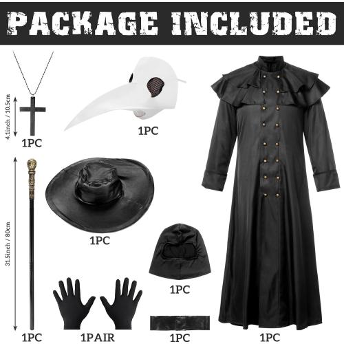 Plague Doctor Halloween Costume Adult Men White,7Pcs Plague Doctor Outfit with Mask for Mens Halloween Costumes